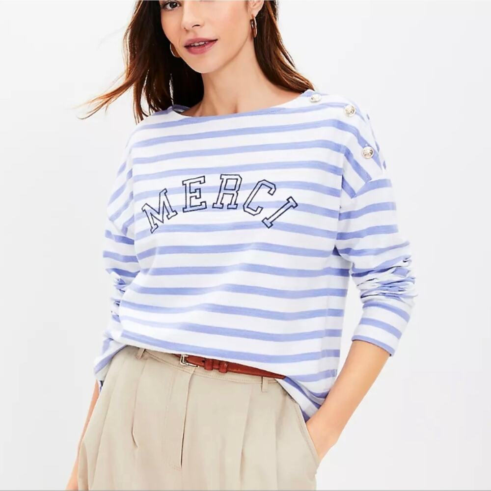 Women's LOFT Merci Striped Harbor Blouse Tshirt Blue Stripes French France